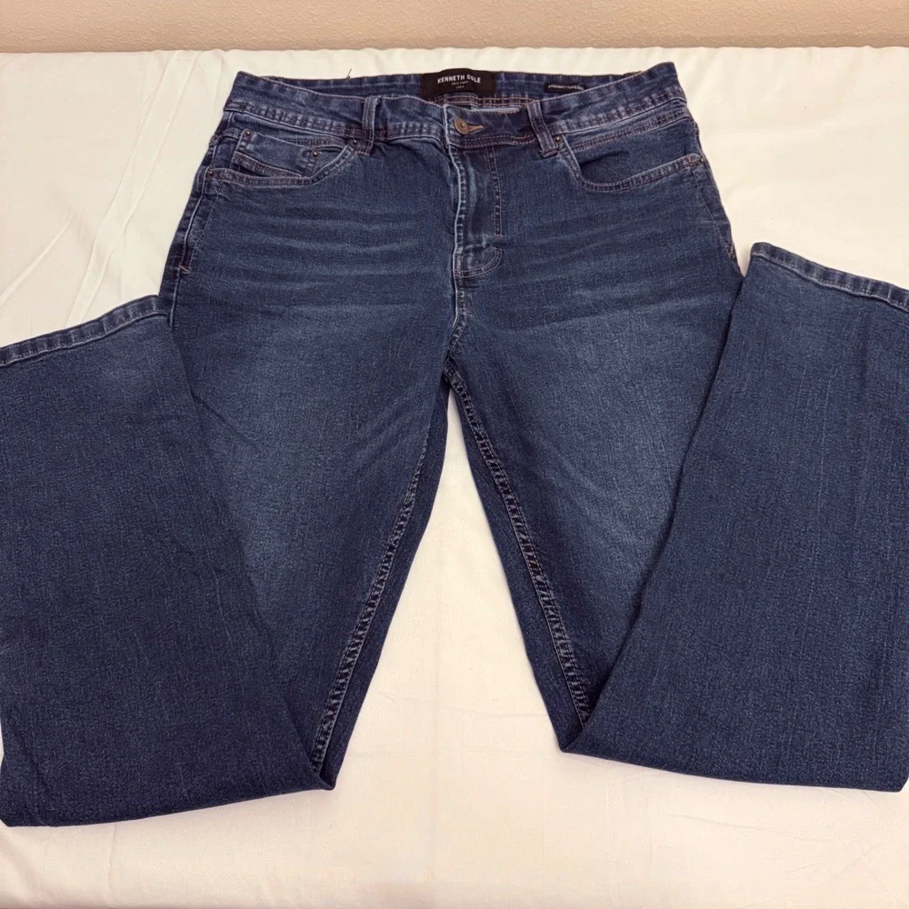Kenneth Cole New York Mens Dark Wash Straight Tapered Jeans 34x32 Blue Denim